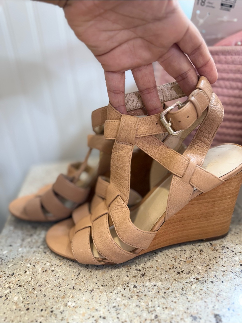 Nine West  Tan Leather Wedge Sandals